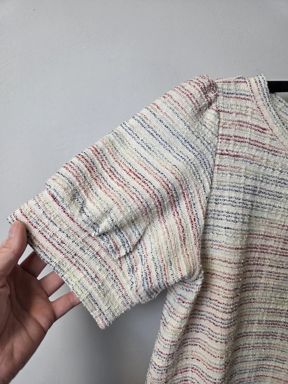 LOFT Cream Tweed Short Sleeve Top with Pink & Blue Stripes